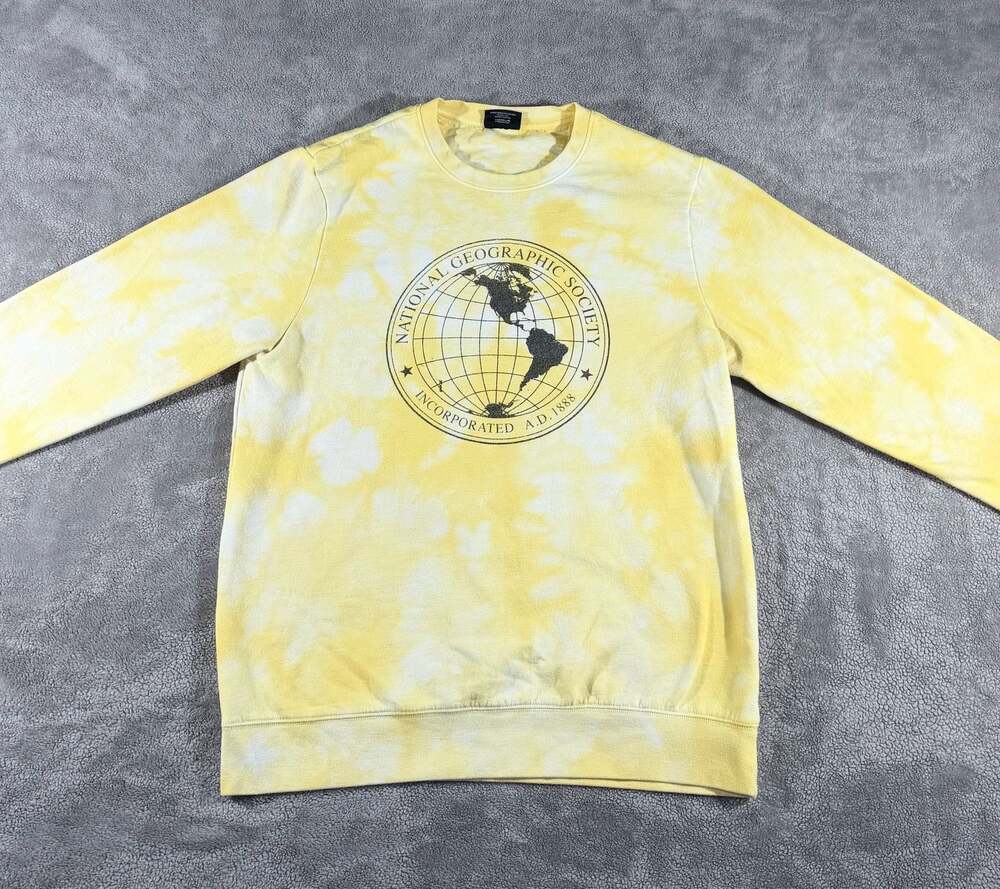 National Geographic Society Yellow Tie Dye Globe Logo Crewneck Sweatshirt Size L